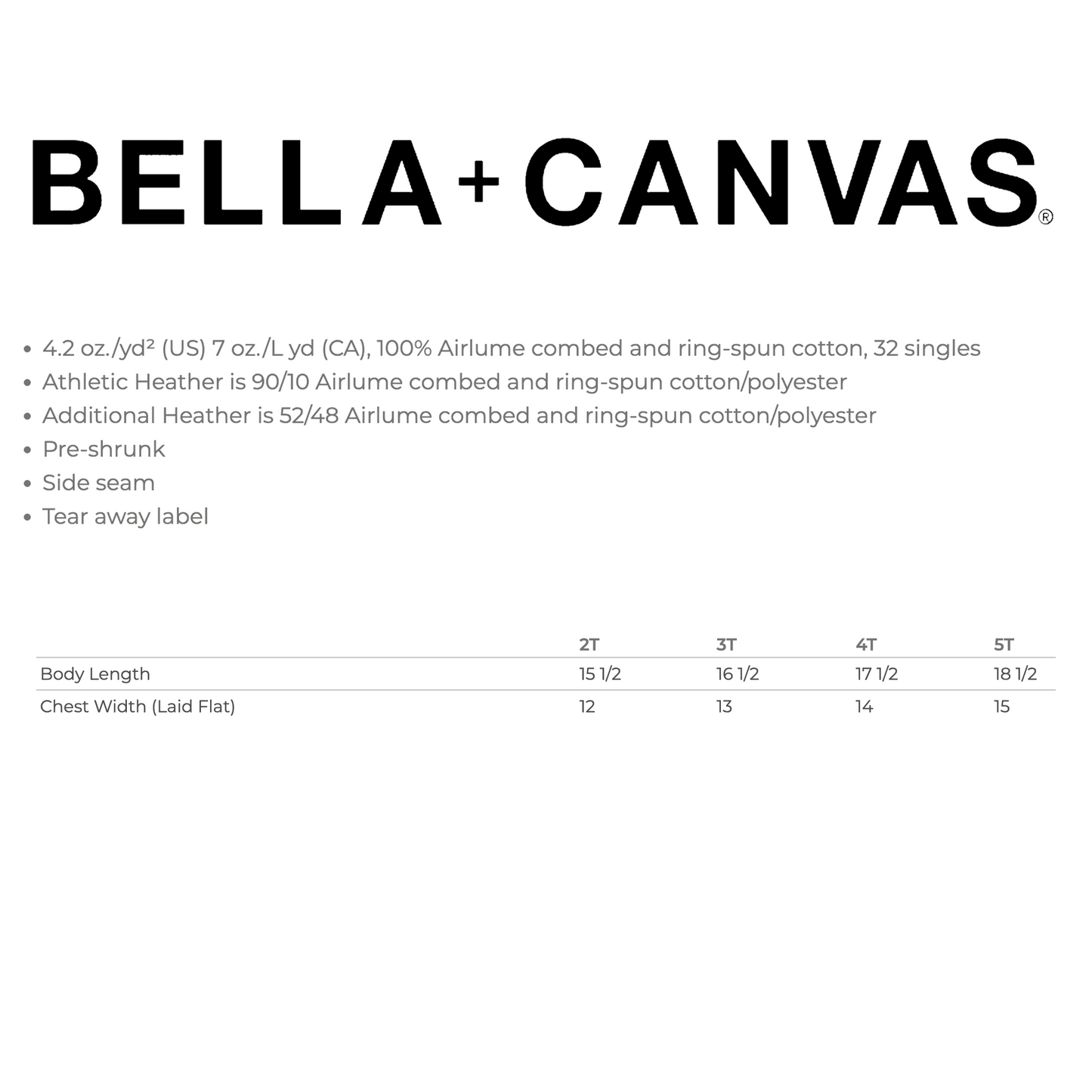 Bella + Canvas product label with size chart on a white background