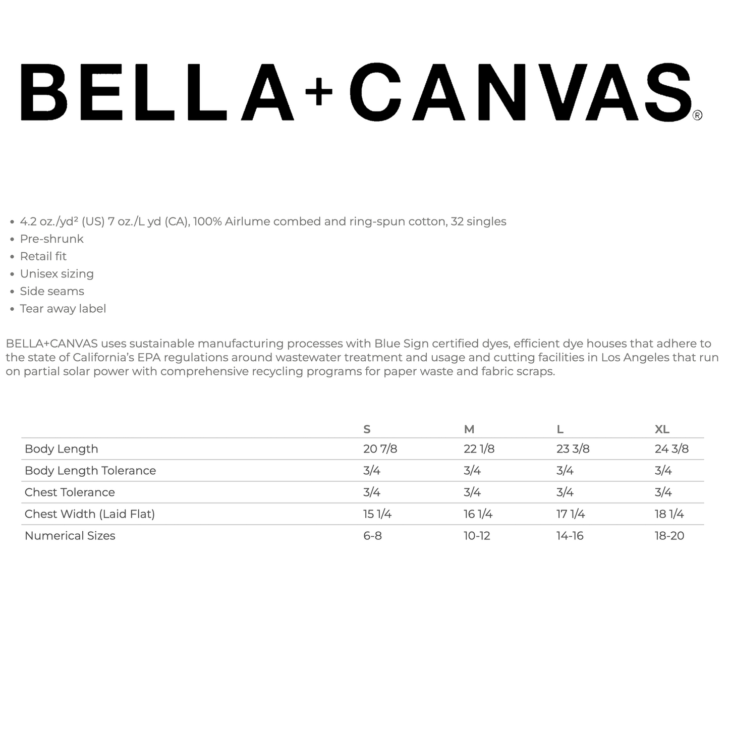 Bella + Canvas brand information on a white background