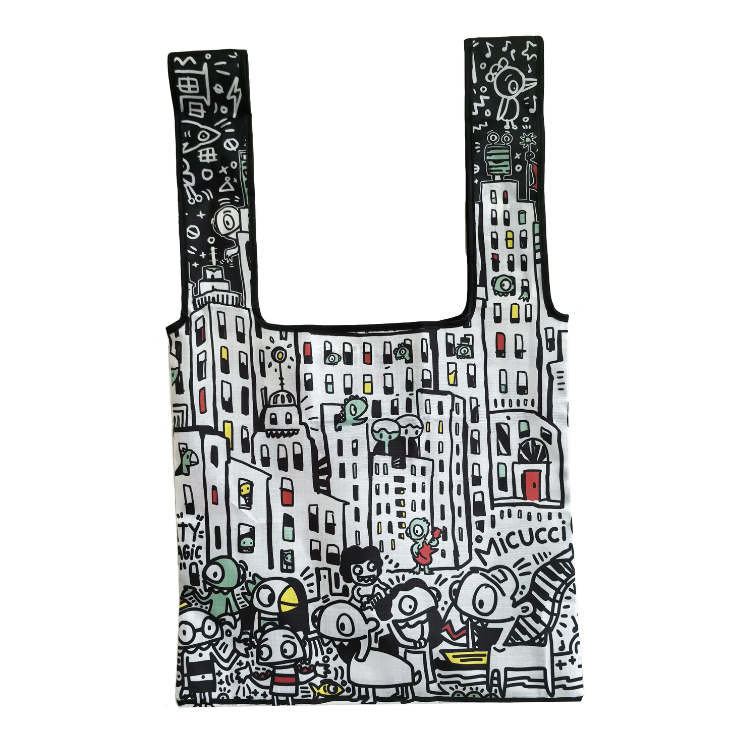 Tote bag with a colorful cityscape design on a white background