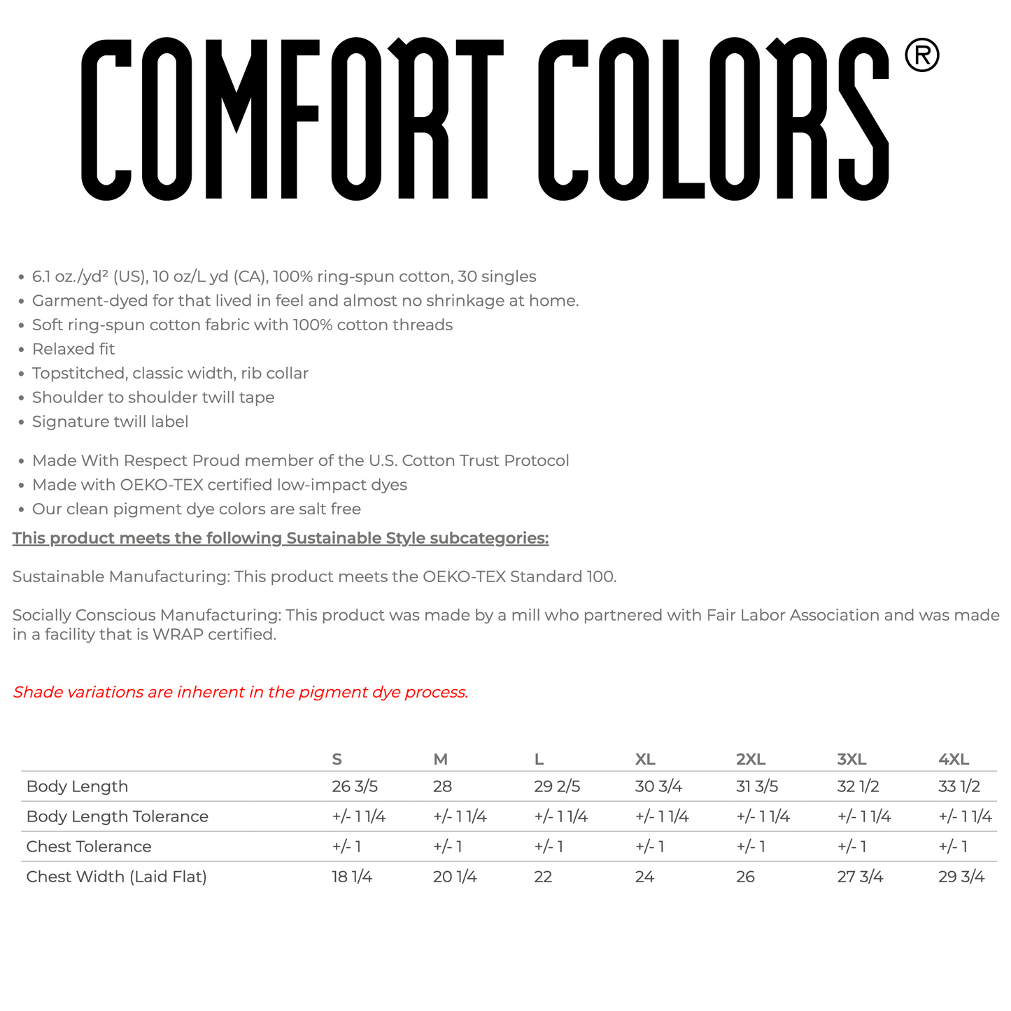 Comfort Colors product description and size chart on a white background
