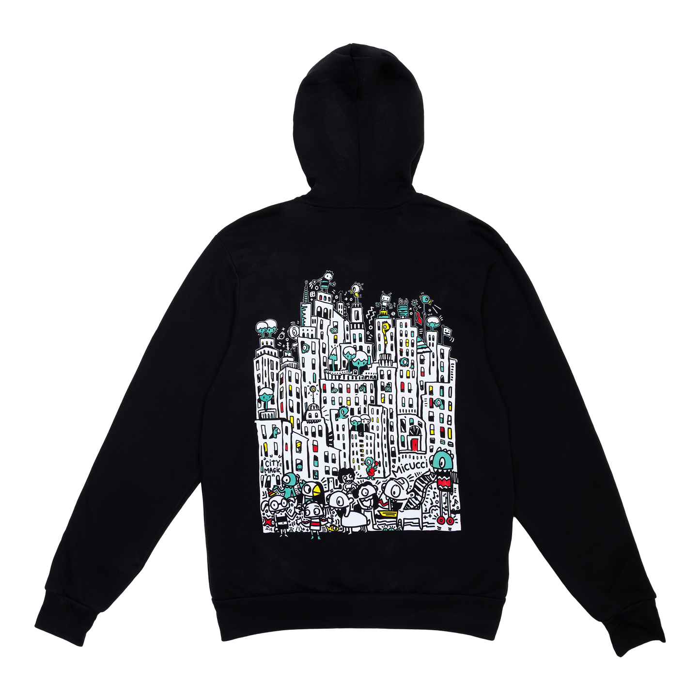 Black hoodie with a colorful cityscape design on the back against a white background