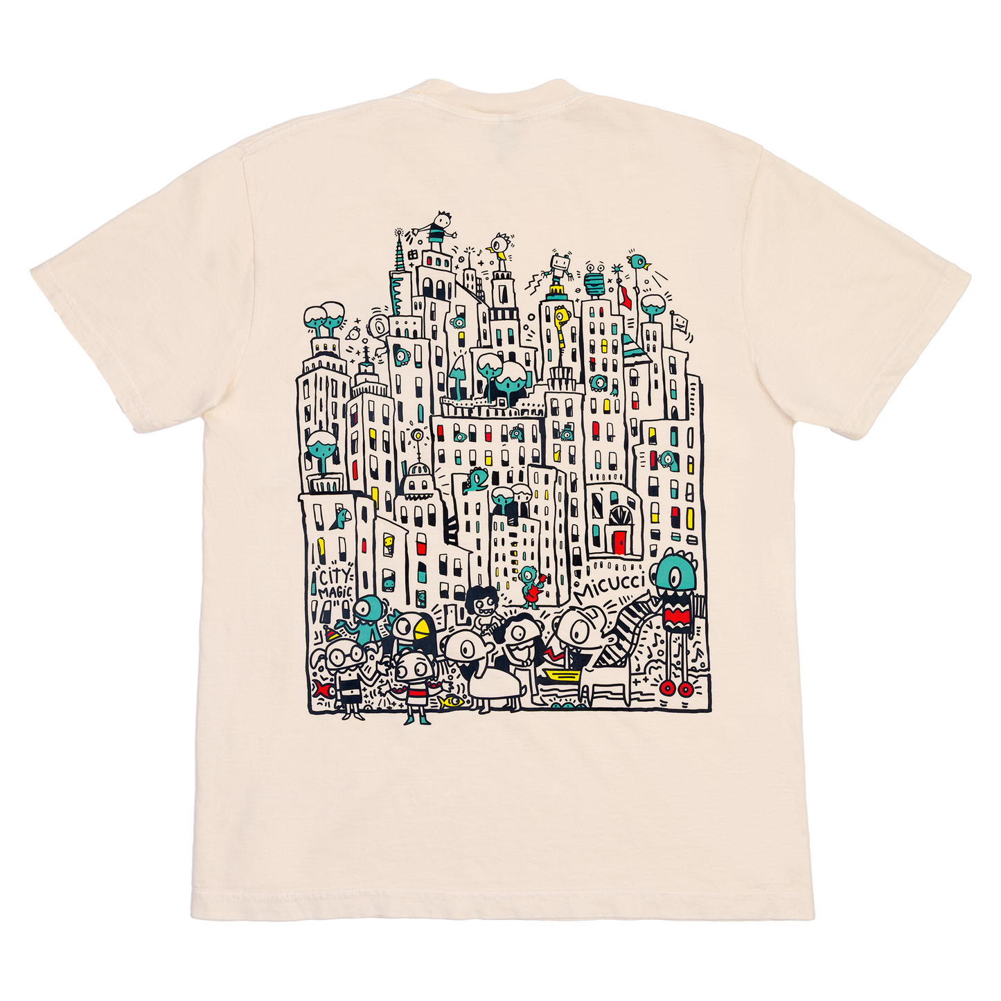 Beige t-shirt with a colorful cityscape graphic on the back