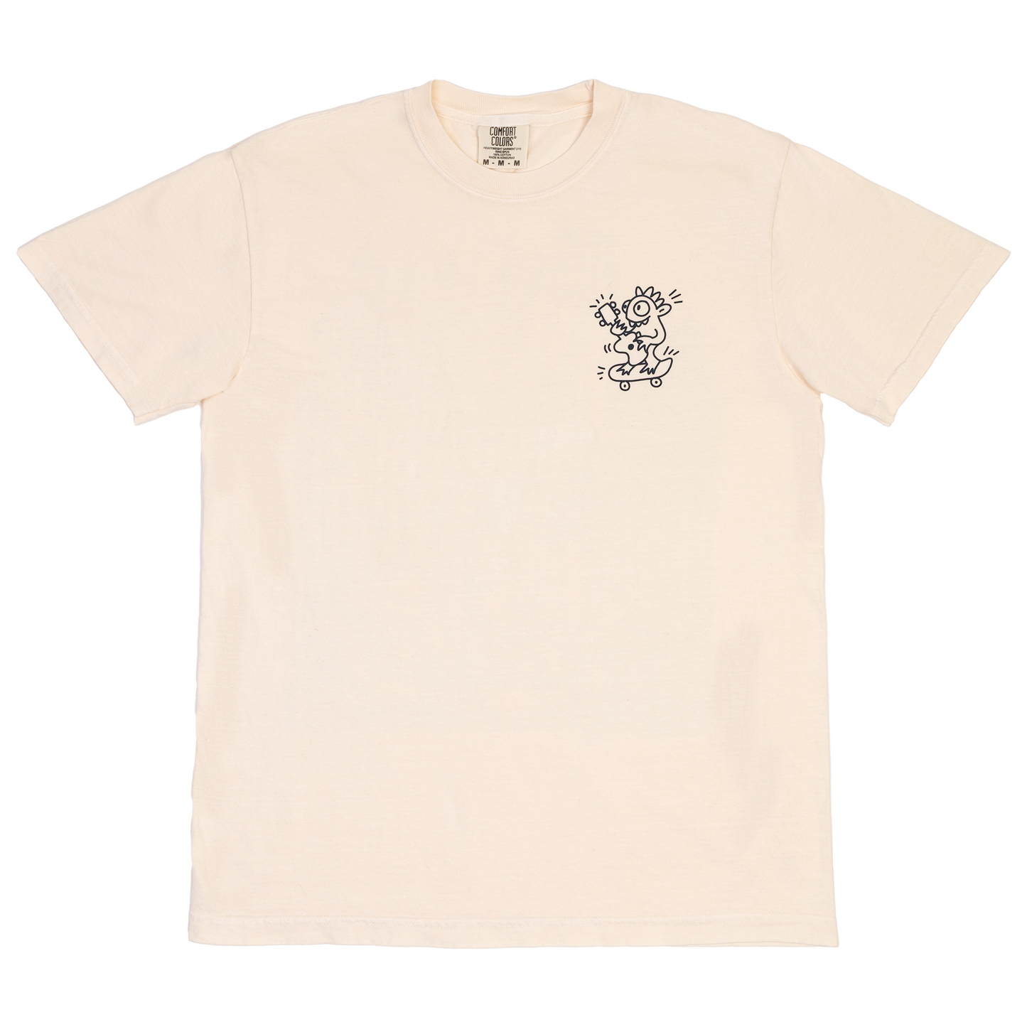 Beige t-shirt with a black graphic on a white background