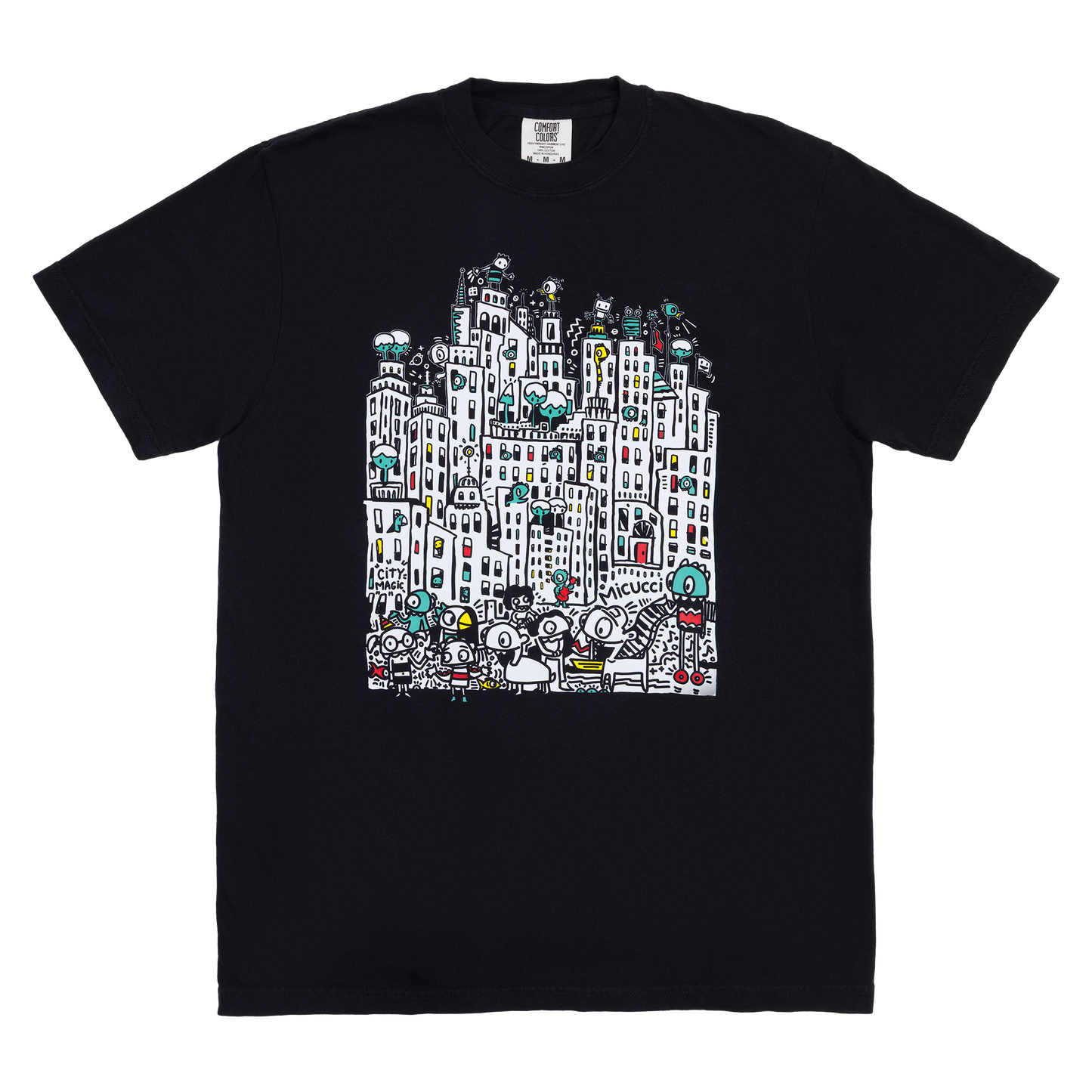 Black t-shirt with colorful cityscape design on a white background