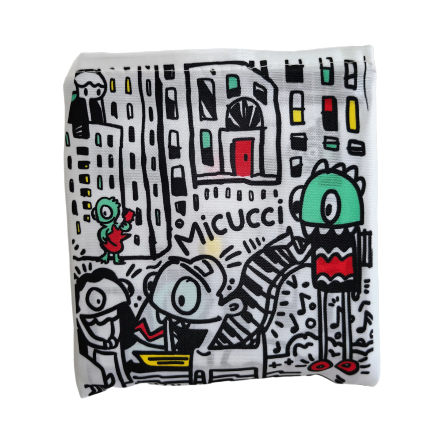 Fabric with cartoon characters and 'Micucci' branding on a white background