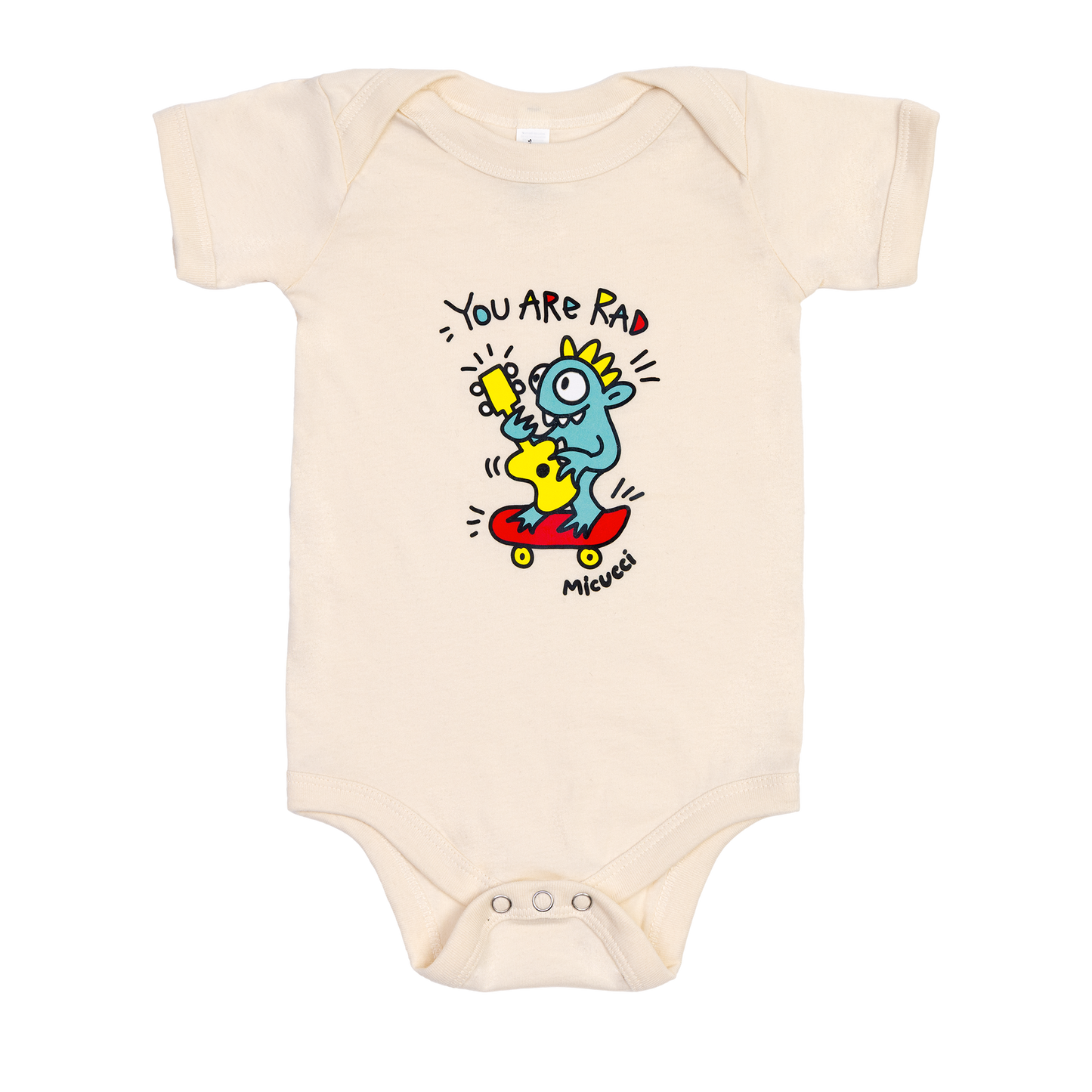 Beige baby onesie with cartoon character and text on a white background