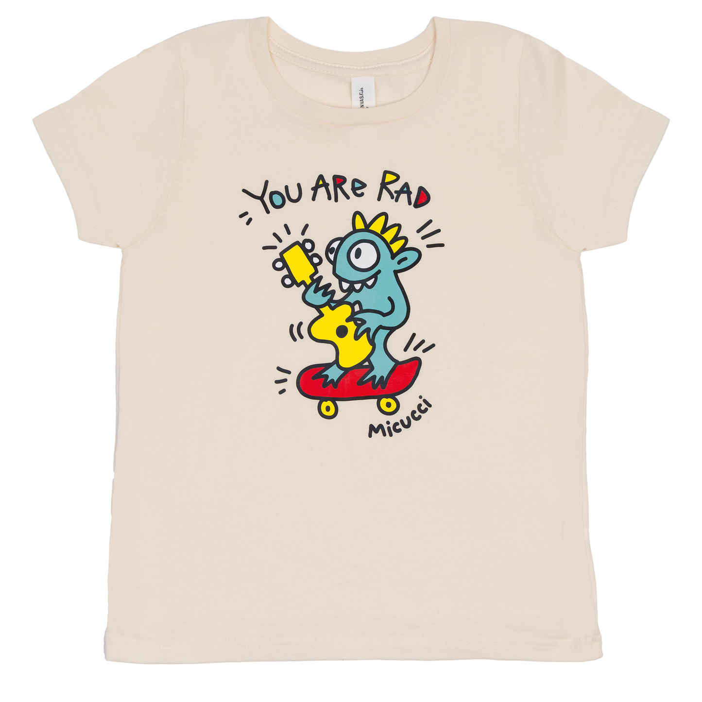 Beige t-shirt with a colorful graphic of a cartoon character and text on a white background