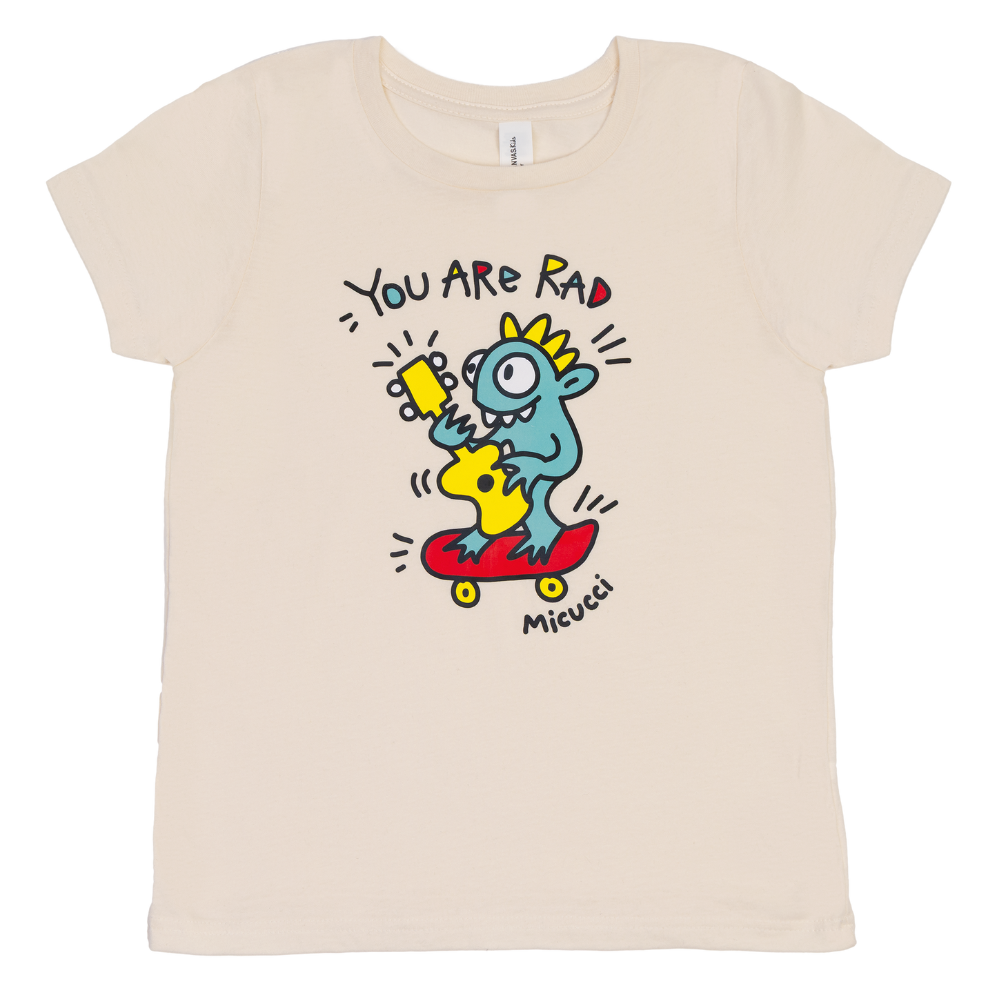 Beige t-shirt with cartoon character and text 'You Are Rad' on a white background