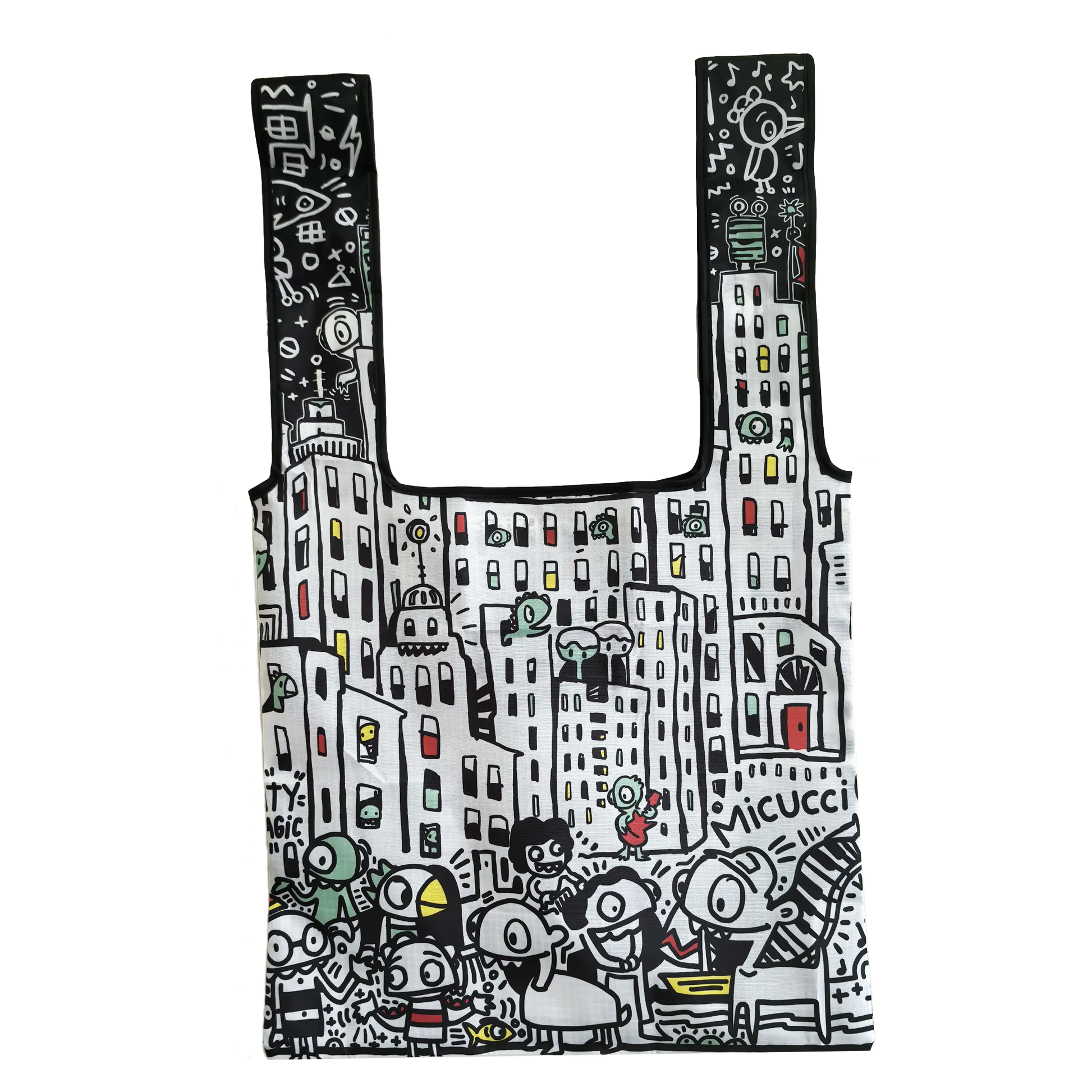 Tote bag with a colorful cityscape design on a white background