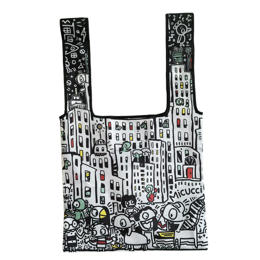 Tote bag with a colorful cityscape design on a white background
