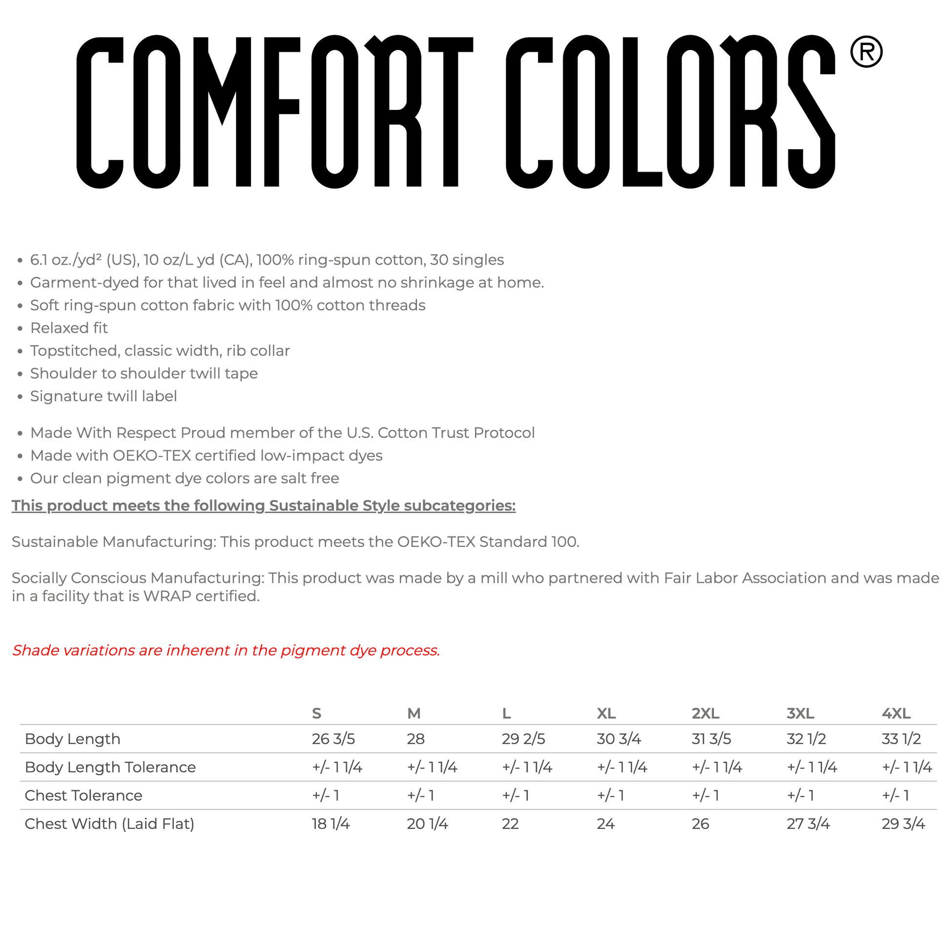 Comfort Colors product description and size chart on a white background