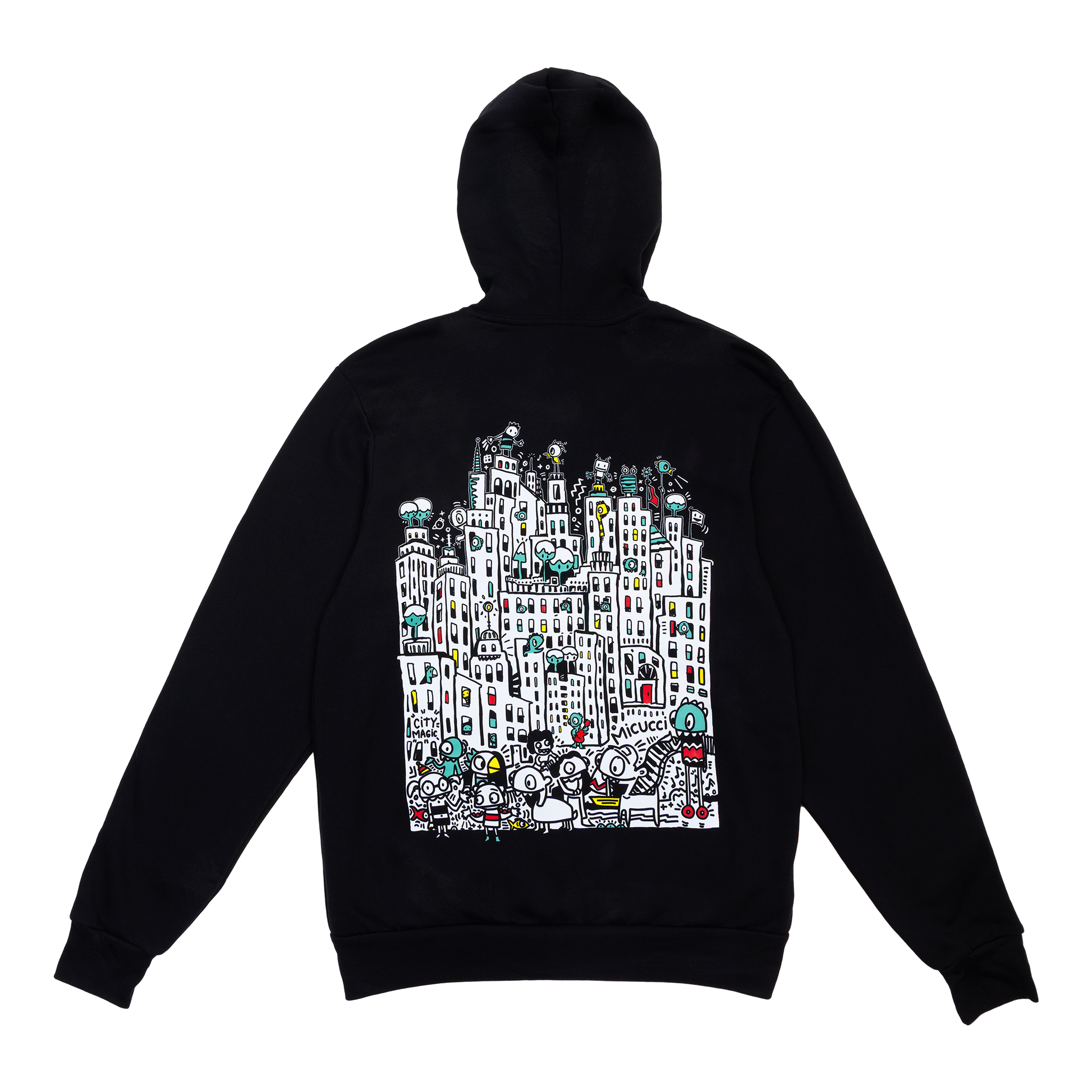 Black hoodie with a colorful cityscape design on the back against a white background