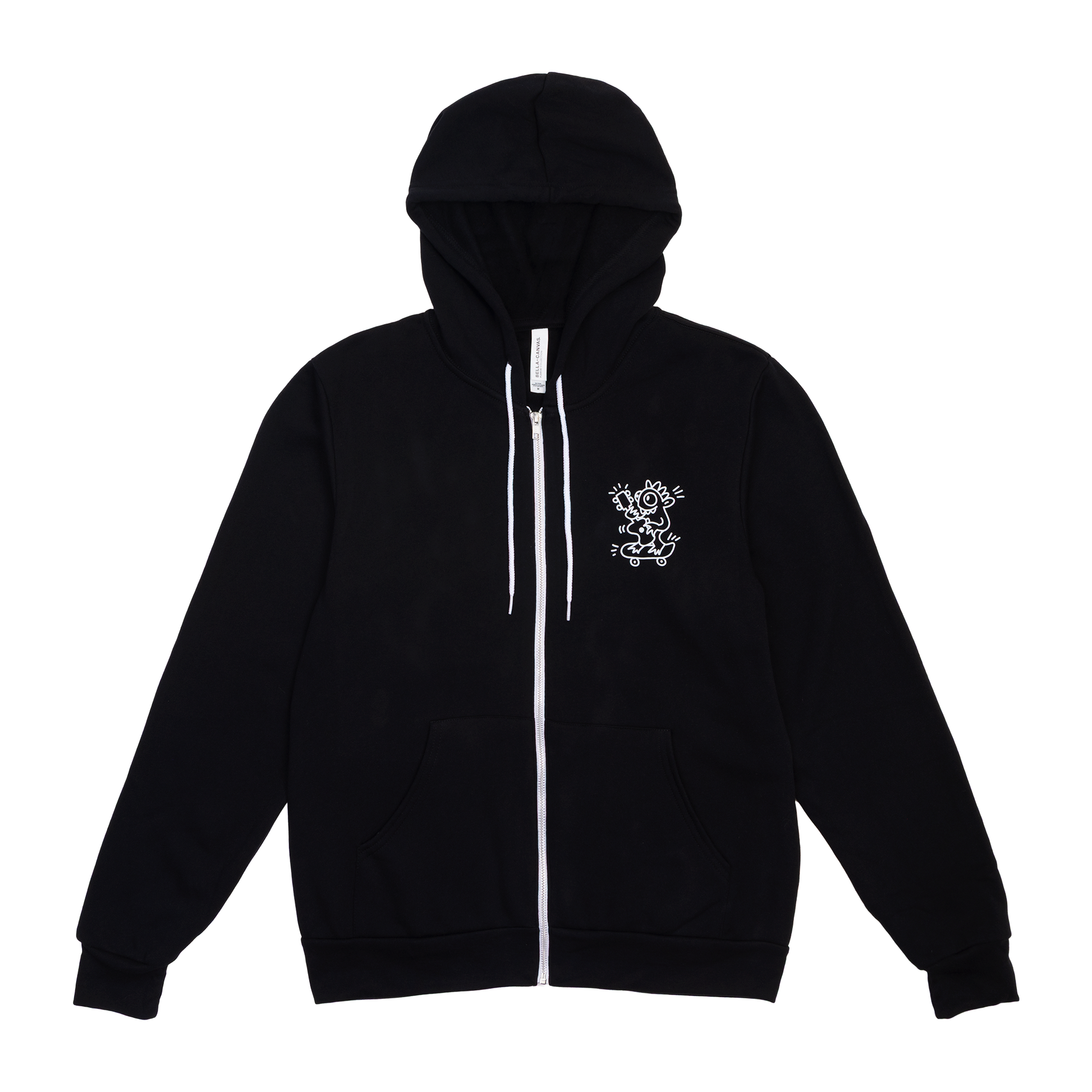 Black hoodie with a white logo on a white background