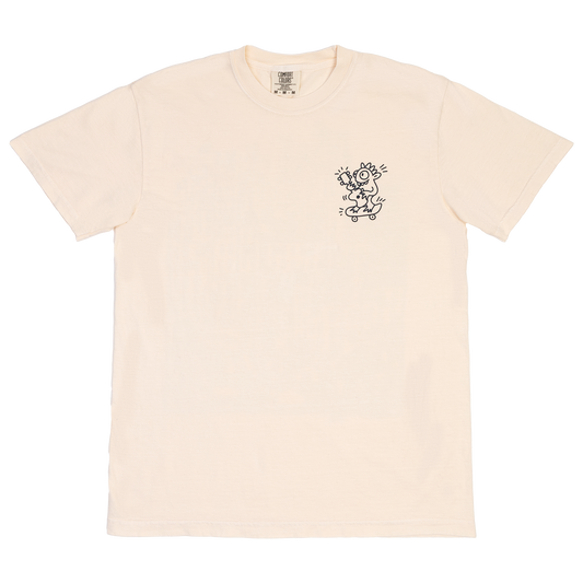 Beige t-shirt with a black graphic on a white background