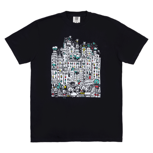 Black t-shirt with colorful cityscape design on a white background