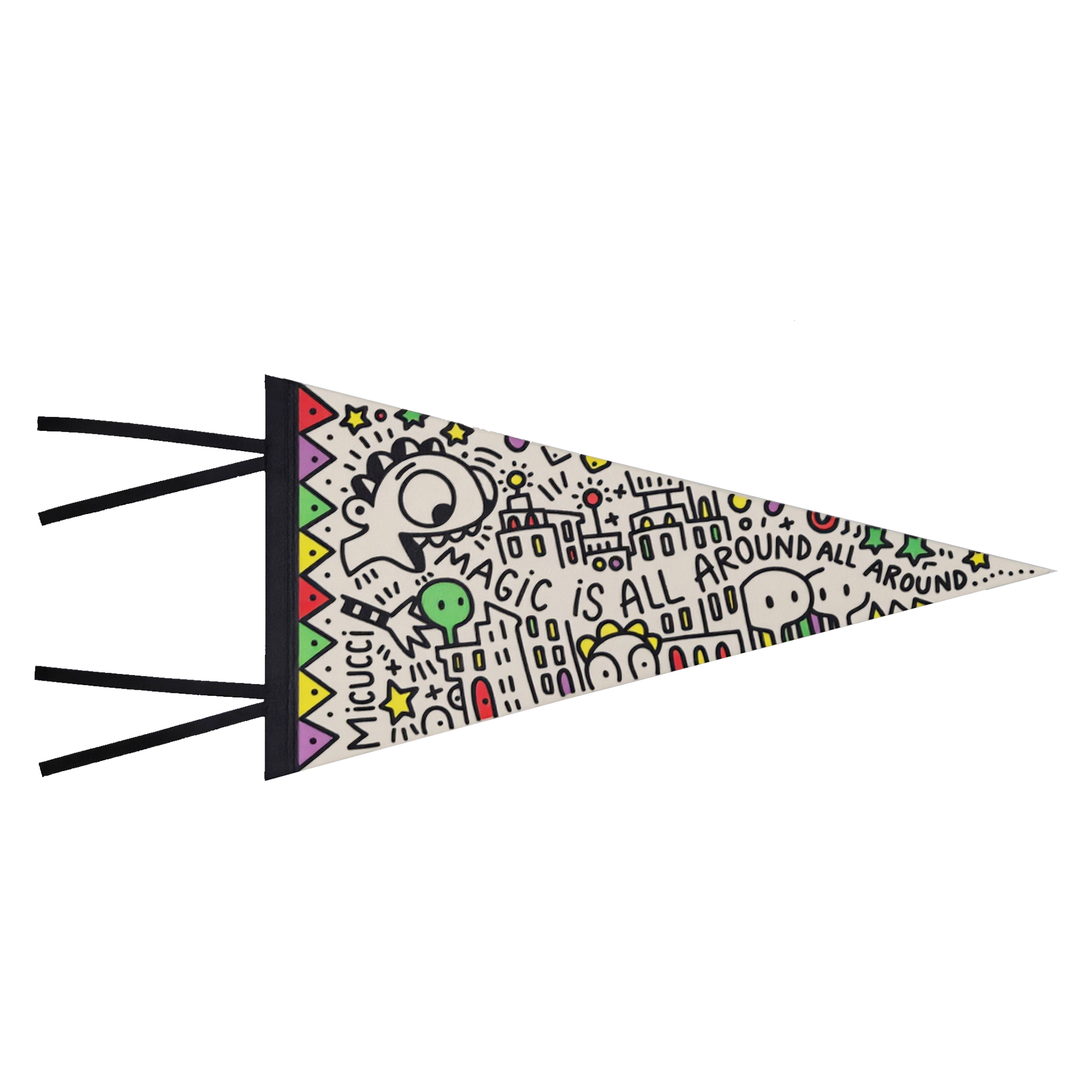 Decorative pennant with cartoon characters and text on a white background