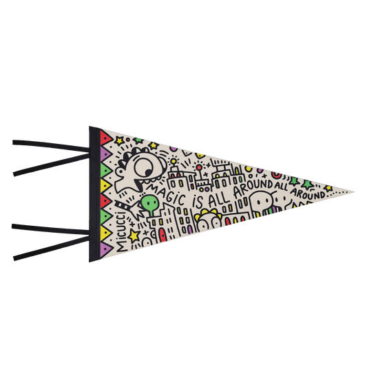 Decorative pennant with cartoon characters and text on a white background
