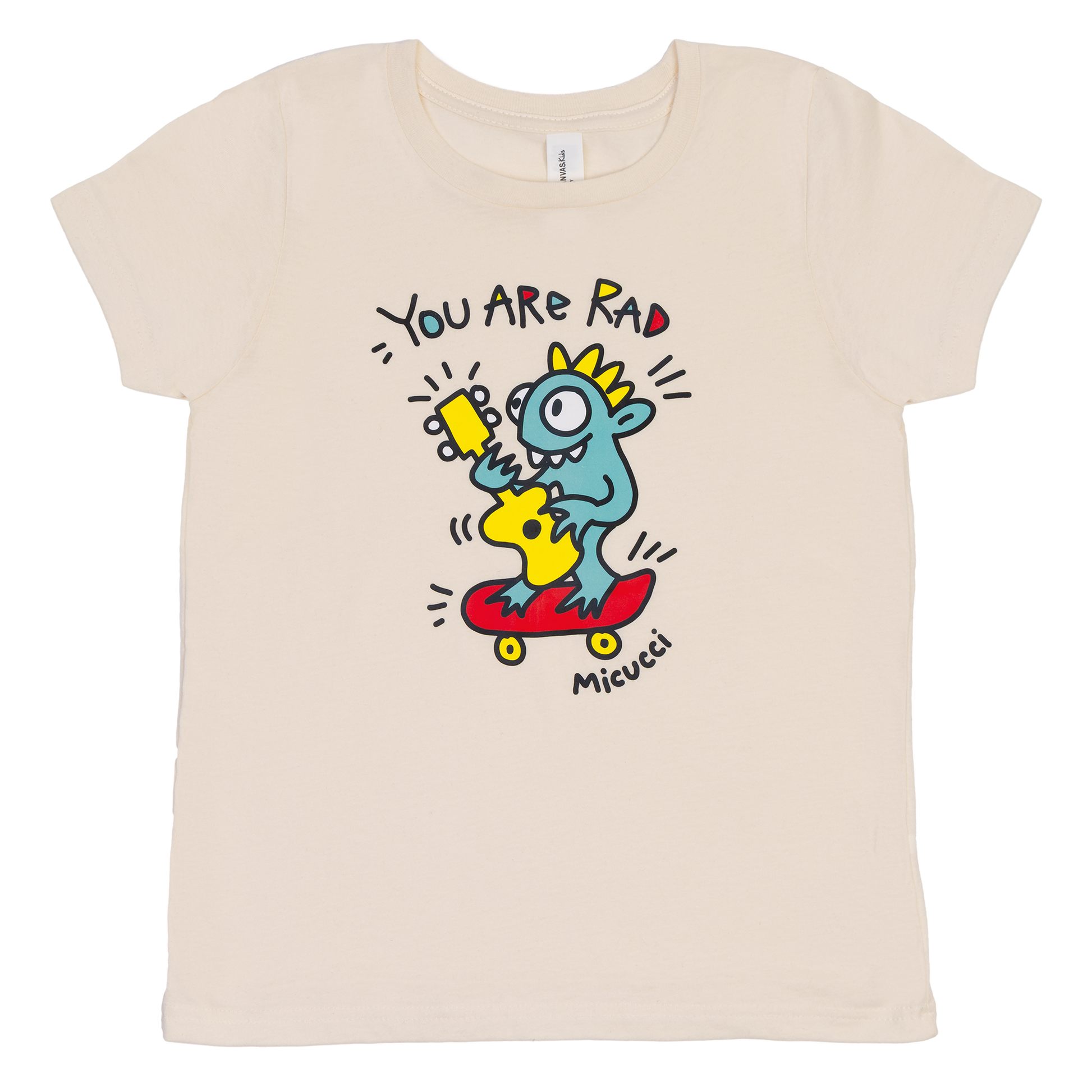 Beige t-shirt with cartoon character and text 'You Are Rad' on a white background